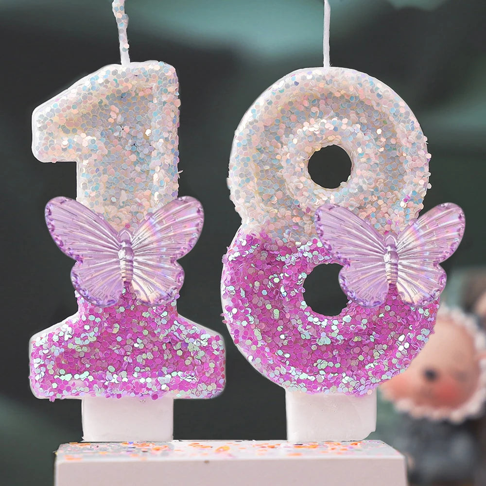 Creative 0-9 Numbers And Letters Birthday Cake Candle, DIY Party Decoration Candle With Purple Butterfly Design And Glitter