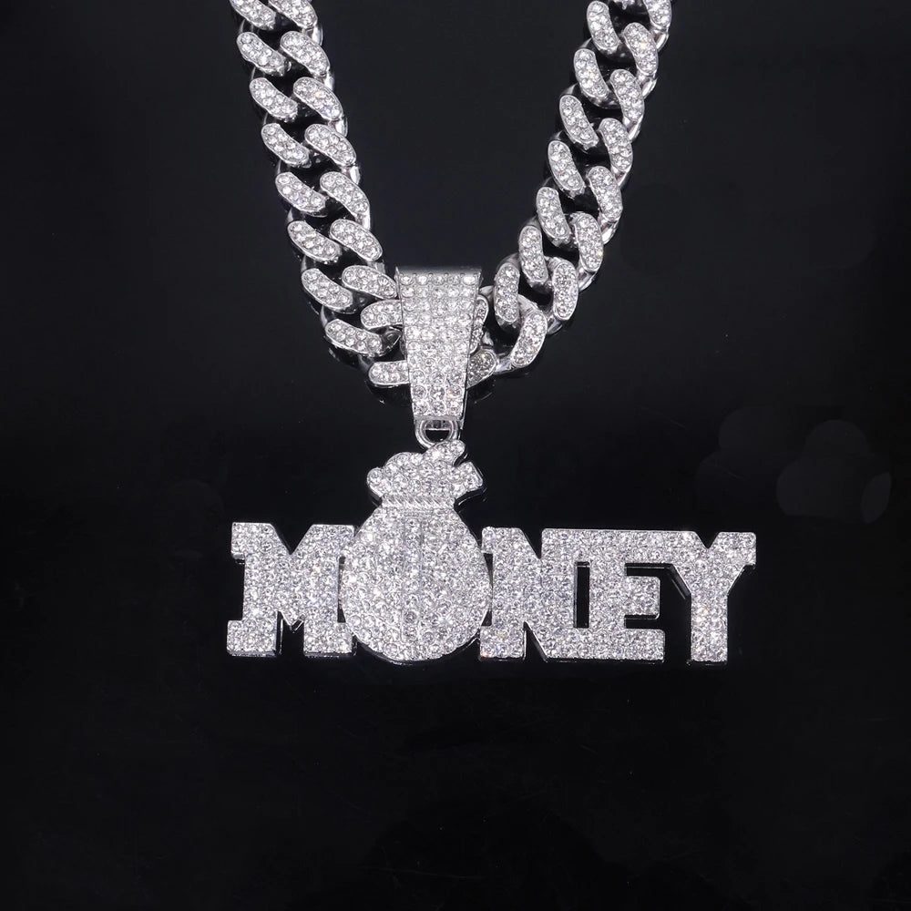New Iced Out Bling Rhinestone Letters Money Pendant Necklaces,With Cuban Chain Money Bag Dollar Sign Men's Women Hip Hop Jewelry
