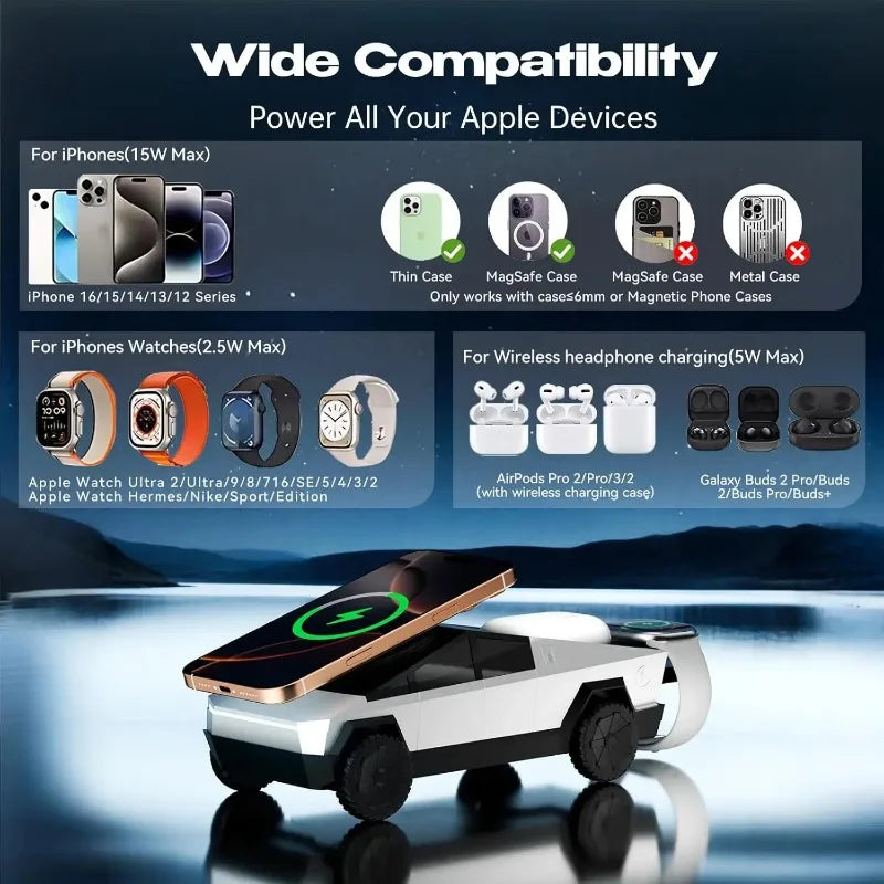 3 in 1 Magnetic Fast Wireless Charger Desktop Cybertruck Phone Stand For IPhone 17 16 Pro Max Apple & Samsung Watch Airpods Pro