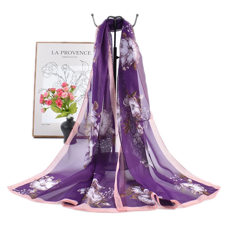 Summer New Fresh and Breathable Thin Natural Flower Printing Chiffon Women's Long Scarf Sunscreen Women's Scarf
