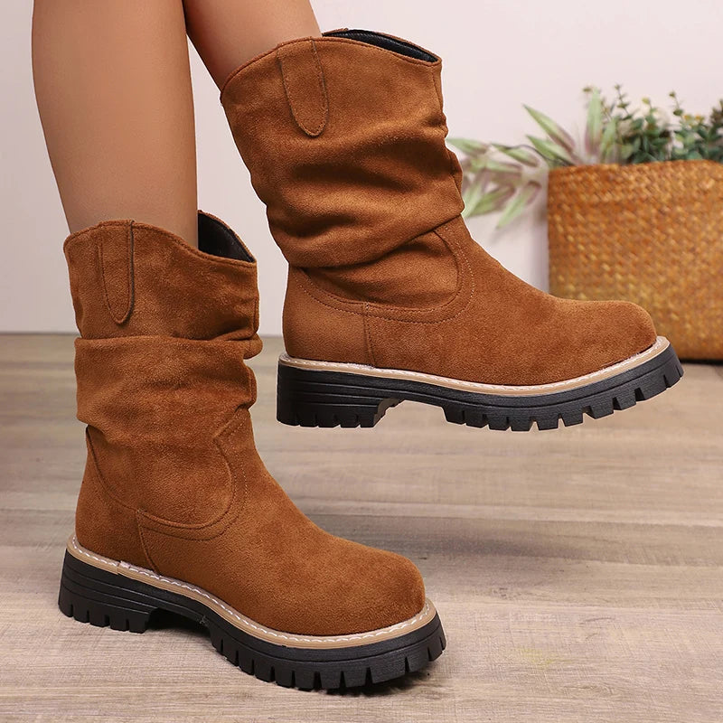 Plus Size 43 Flock Platform Ankle Boots Women Slip On Thick Sole Pleated Short Booties Mujer Anti Slip Autumn Winter Boots