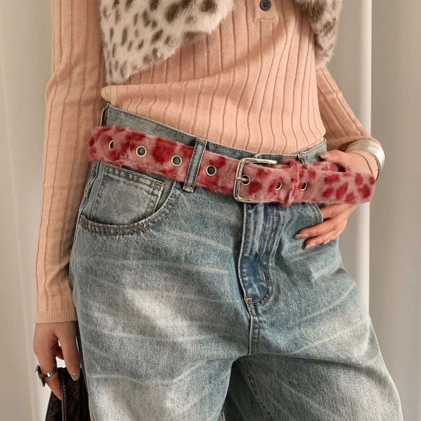 American Sexy Girl Style Pink Leopard Print Belt For Women With Skirt Jeans With Decoration Fluffy Waist Belt