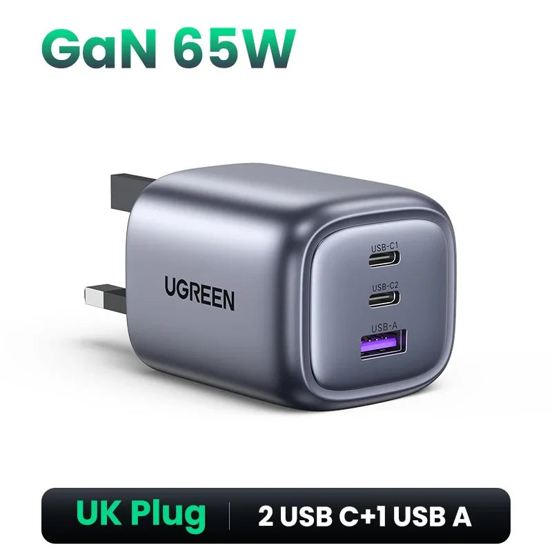 UGREEN UK Plug GaN 100W 65W Fast Charger QC 4.0 3.0  for Macbook Air Tablet iPhone 17 16 15 Pro Max Xiaomi USB Type C PD Charger