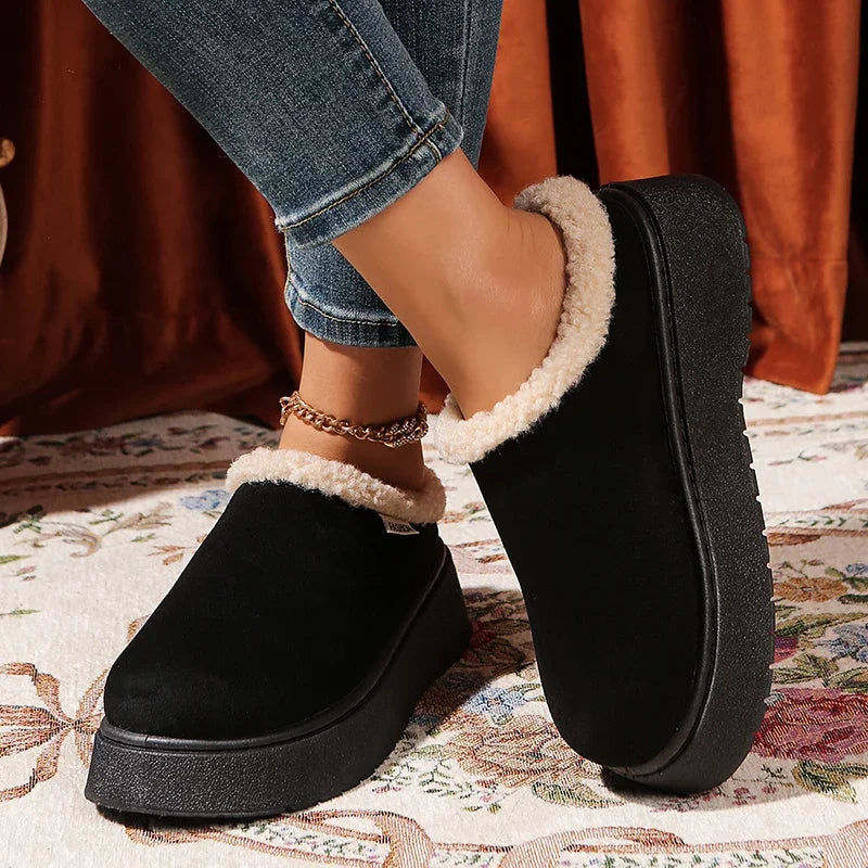2025 New Faux Suede Fur Slippers Women Winter Slip On Non Slip Thick Sole Snow Boots Woman Warm Thicken Plush Cotton Shoes 36-41