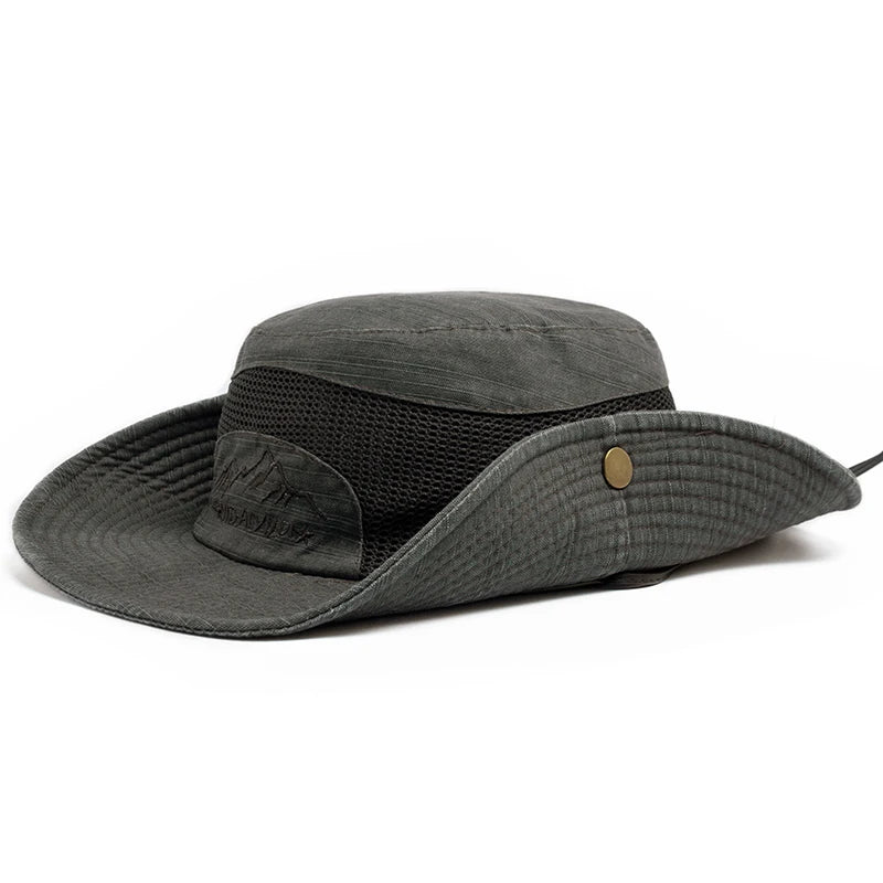 Men Summer Bucket Hat For Outdoor UV Protection Cotton Mesh Cap Panama Jungle Fisherman Hiking Travel Beach With Windproof Rope