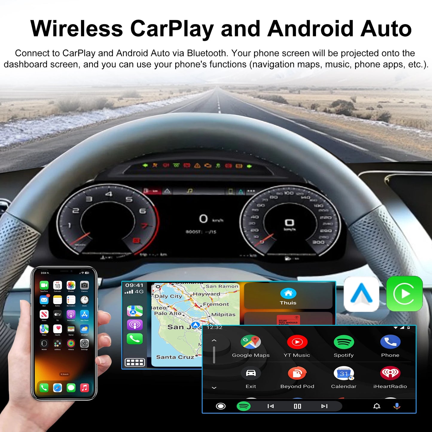 Digital instrument cluster For Audi A4 2009-2012 speedometer 12.3”HD screen1920*720 / iOS Carplay / Android Auto /Plug&Play