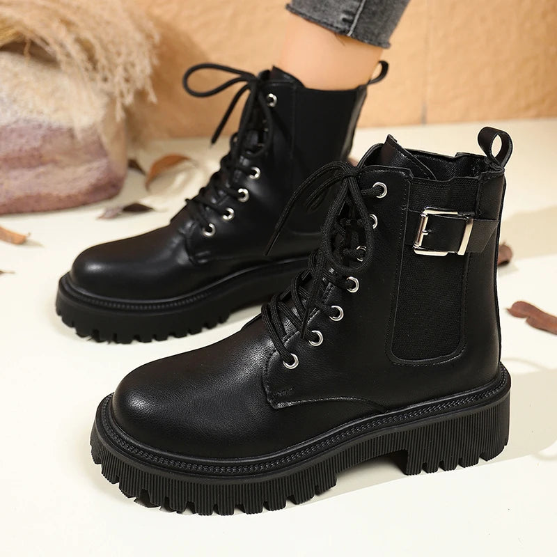 Fashion Buckle Platform Ankle Boots for Women Black Lace Up Thick Sole Motorcycle Boots Woman Plus Size Pu Leather Booties Mujer