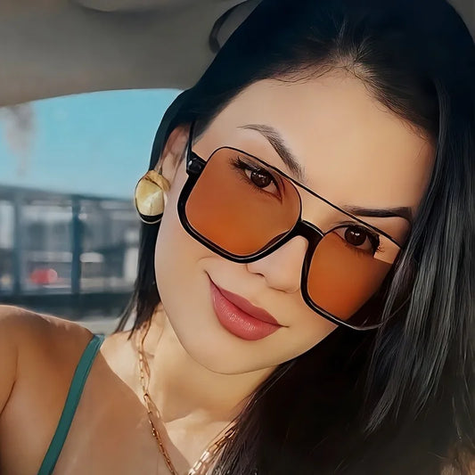 Retro Square Fashion Glasses, Metal Frame, Ultra-Light Double Bridge, Oversized Vintage Eyewear for Men and Women,