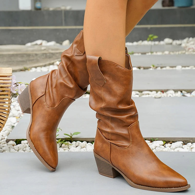 Sexy Pointed Toe Brown Mid Calf Boots Women Plus Size 43 Block Heel Western Cowboy Boots Woman Slip On Pu Leather Riding Booties