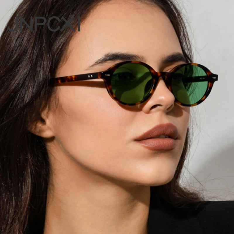 JNPCXI New Retro Small Oval Women Sunglasses Fashion Leopard Candy Color Shades UV400 Men Trending Rivets Punk Sun Glasses