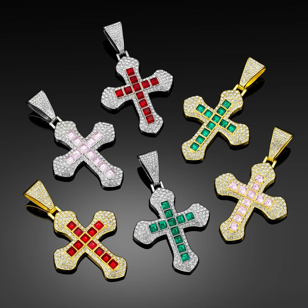 New Iced Out Bling Cross Pendant Necklace Rectangle Rhinestone Red Charm Hip Hop Men Cuban Chain Party Jewelry Accessories Gift