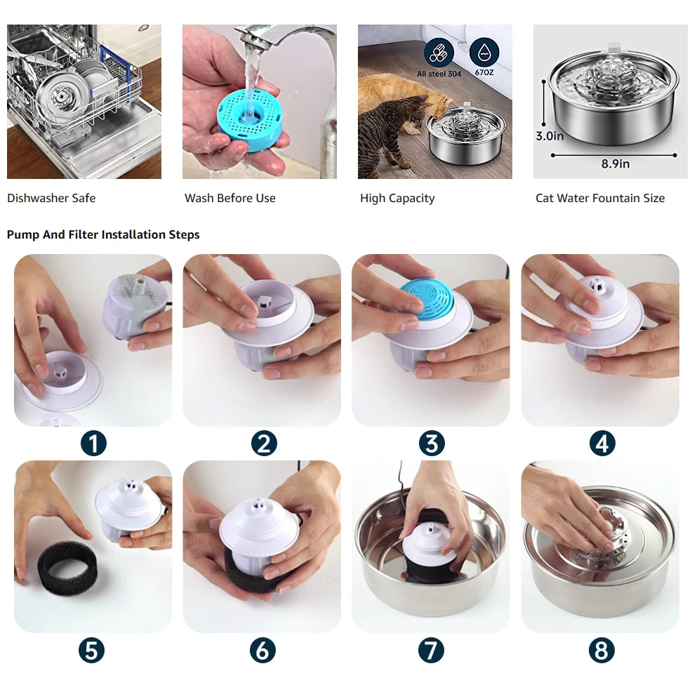 Cat Water Fountain 304 Stainless 2.0L Automatic Circulating Pet Water Fountain