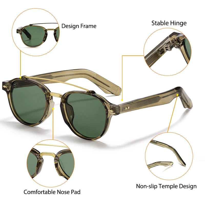 CATERSIDE New RetroPilot Men's Round Sunglasses Classic Double Bridge Design Sun Glasses Women's Outdoor Travel Glasses UV400