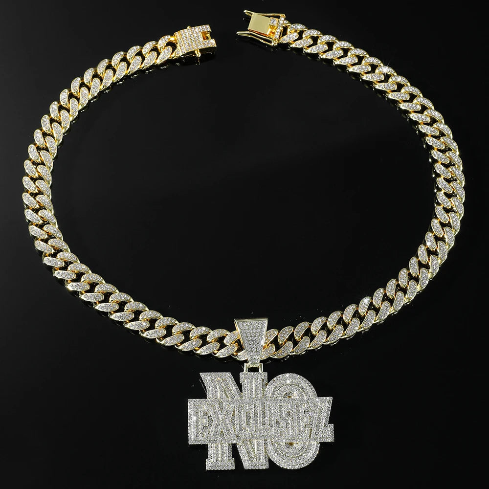 Men Hip Hop Lettes NO EXCUSEZ Pendant Necklace with 13mm Crystal Cuban Link Chain Iced Out Bling Necklaces Fashion Punk Jewelry