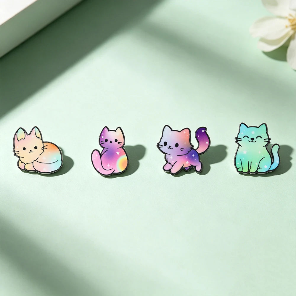 4 Pcs Cute Rainbow Galaxy Cat Enamel Pins Kawaii Cartoon Brooches Animal Lapel Badges Jewelry Gifts for Cat Lovers & Pride Acces