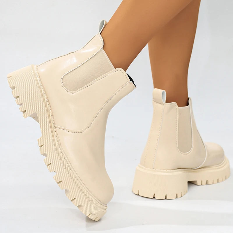 Pu Leather Platform Chelsea Boots Women Fashion Plus Size 42 Slip On Ankle Boots Woman Non Slip Thick Sole Short Booties Mujer