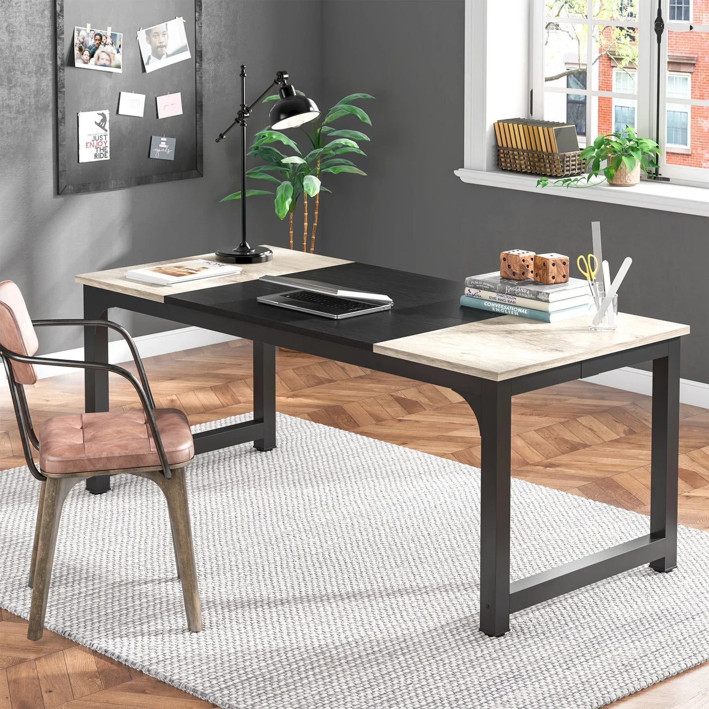 Tribesigns Large Grey Office Desk Computer Table Study Writing Desk Workstation