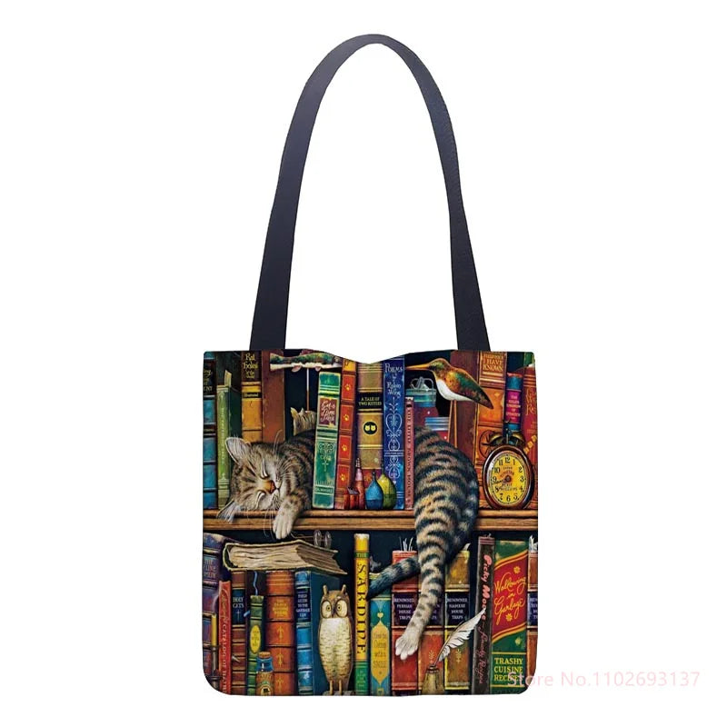 Oil Painting Cat Shopping Bag Eco Reusable Female Tote Bag College Retro Handbag