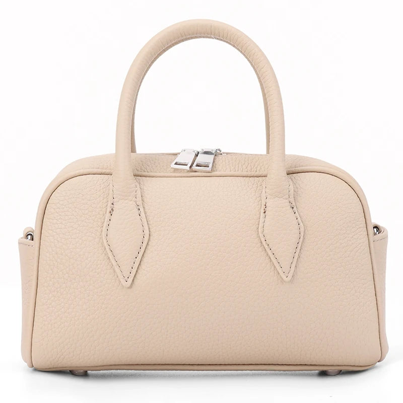 Fashion Women's Genuine Cowhide Leather Mini Boston Handbag Luxury Designer Pebbled Leather Top Handle Crossbody Shoulder Bag
