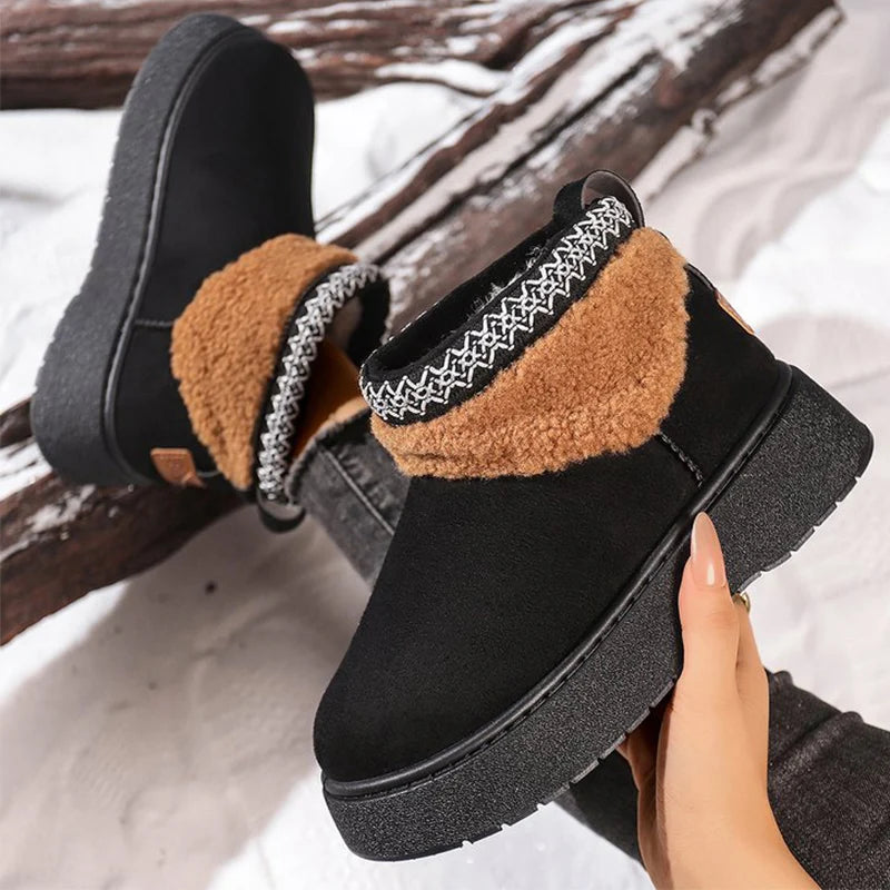 Black Platform Snow Boots for Women Winter Thicken Warm Plush Ankle Boots Woman Retro Faux Suede Non Slip Cotton Shoes Lady