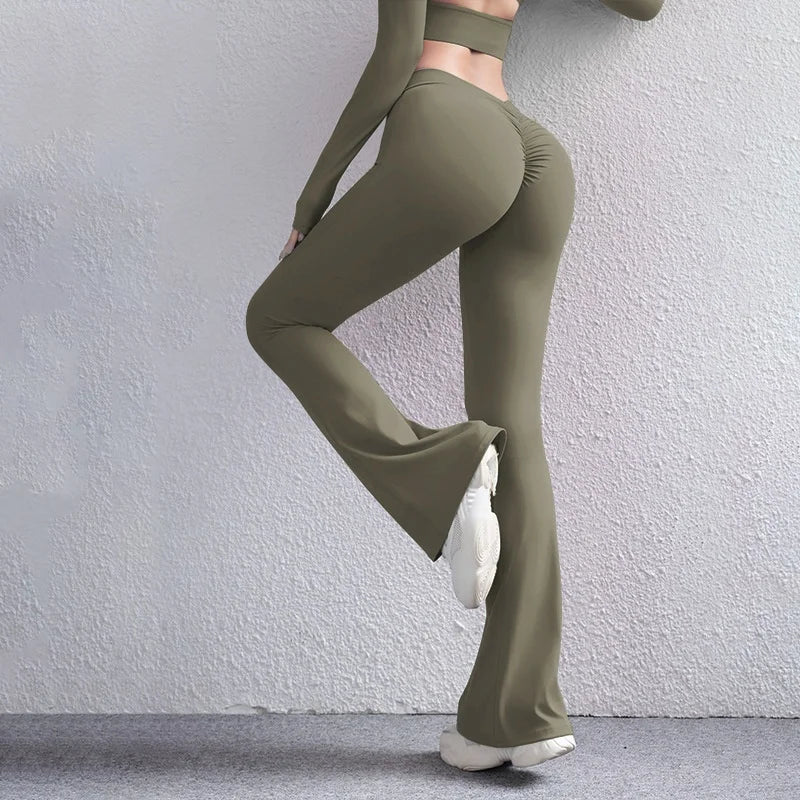 Women Sports Bell-bottoms Wide Leg Nude Skin Friendly Scrunch Butt Flared Yoga Trousers
