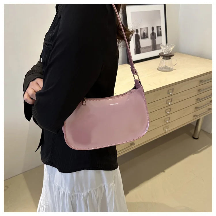 Women's Pink Patent Leather Versatile Shoulder Casual Bag Zipper Handbags