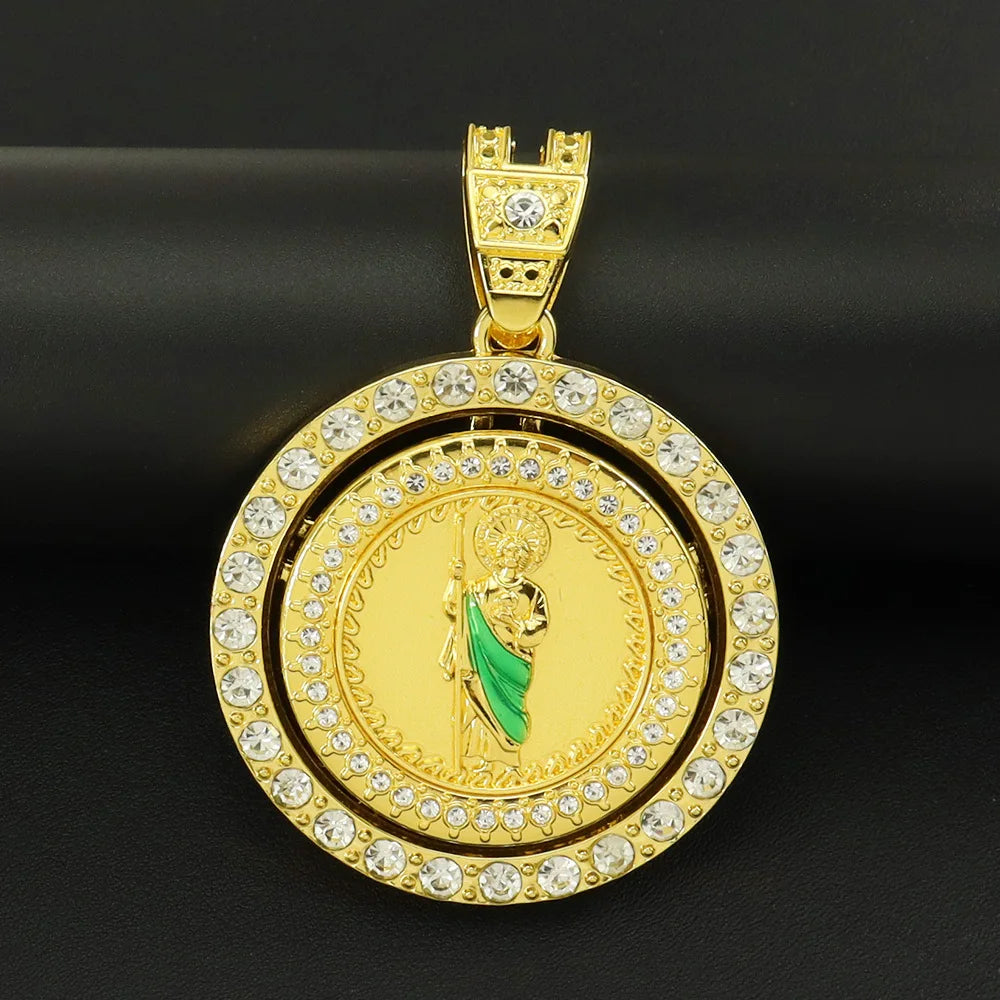 Men's Hip Hop Rotatable St. Jude San Judas Pendant Necklace with Cuban Chain Religious rotation Saint Jude Idol Pendants Jewelry