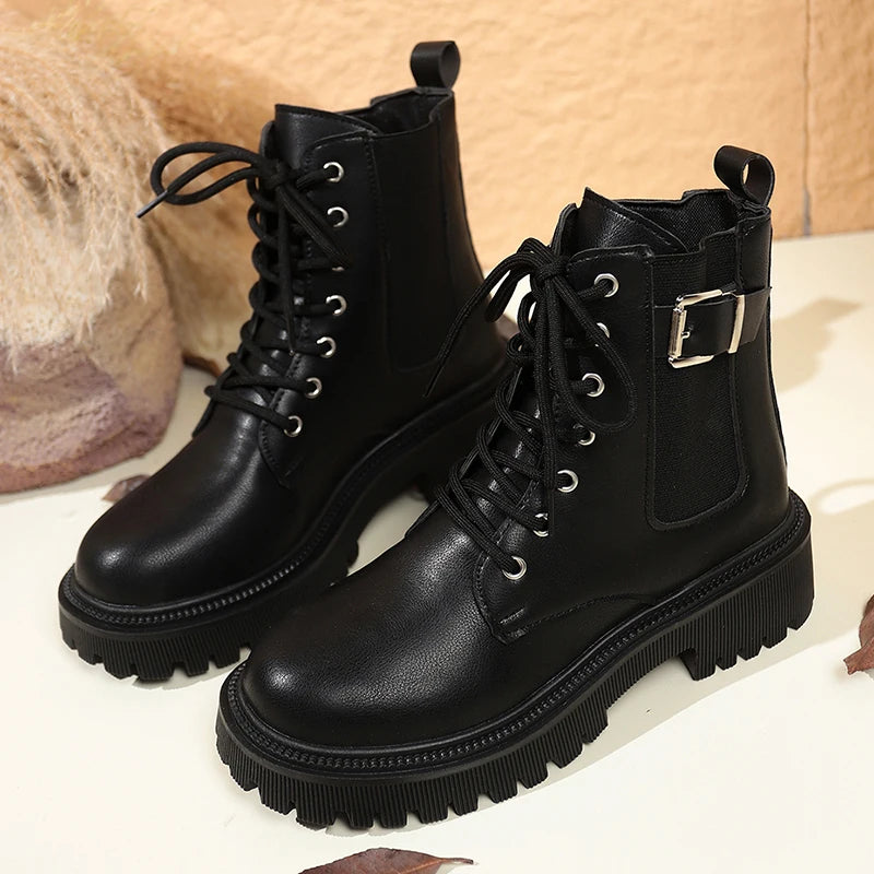 Fashion Buckle Platform Ankle Boots for Women Black Lace Up Thick Sole Motorcycle Boots Woman Plus Size Pu Leather Booties Mujer
