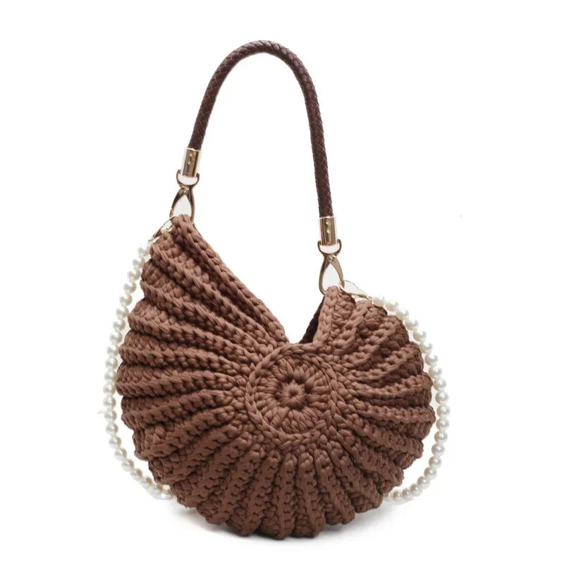 Brown Conch Shell Knit Crossbody Shoulder Bag Pearl Chain Woven Women Classy Bag