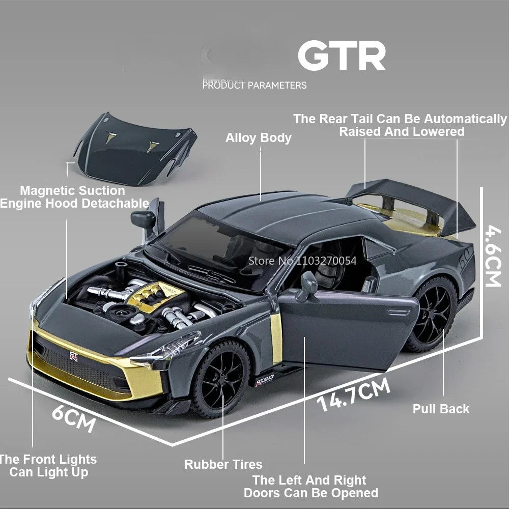 1:32 Scale GTR R50 Miniature Sports Car Alloy Diecast Model Toys Doors Opened with Sound Light Pull Back Vehices Children's Gift