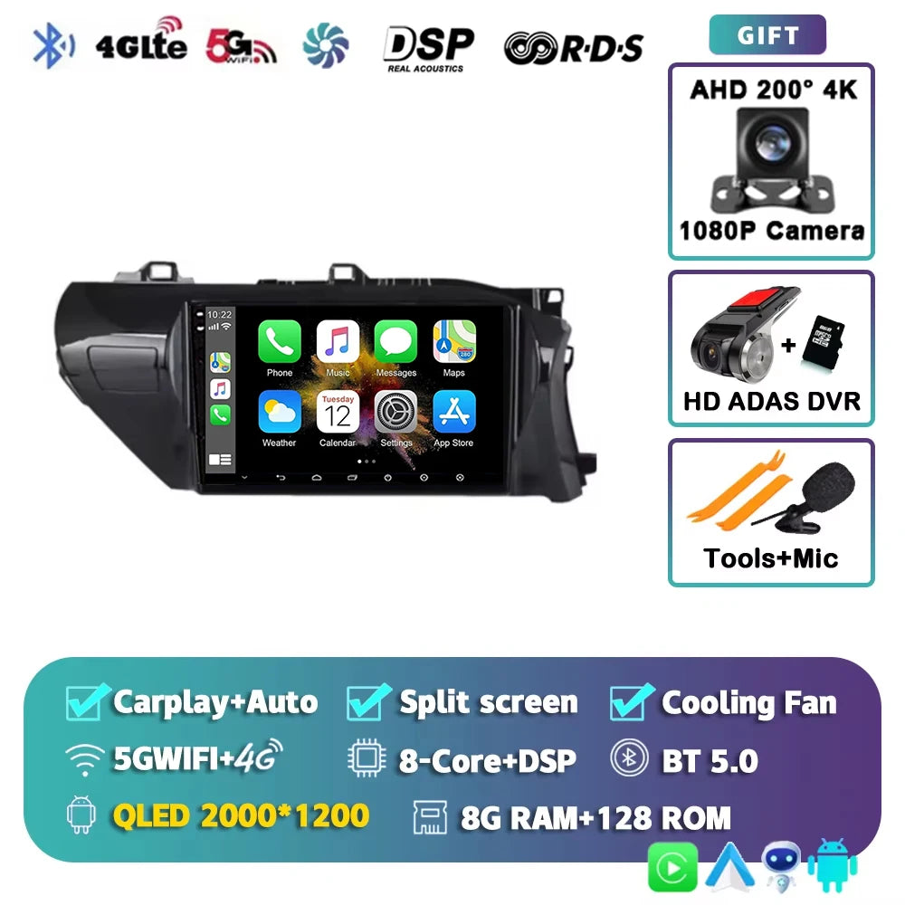 Car Radio For Toyota Hilux RHD 2015 2016 2017 2018 2020 2021 2023 Wireless Carplay Android Auto Multimedia Player Stereo WIFI 4G