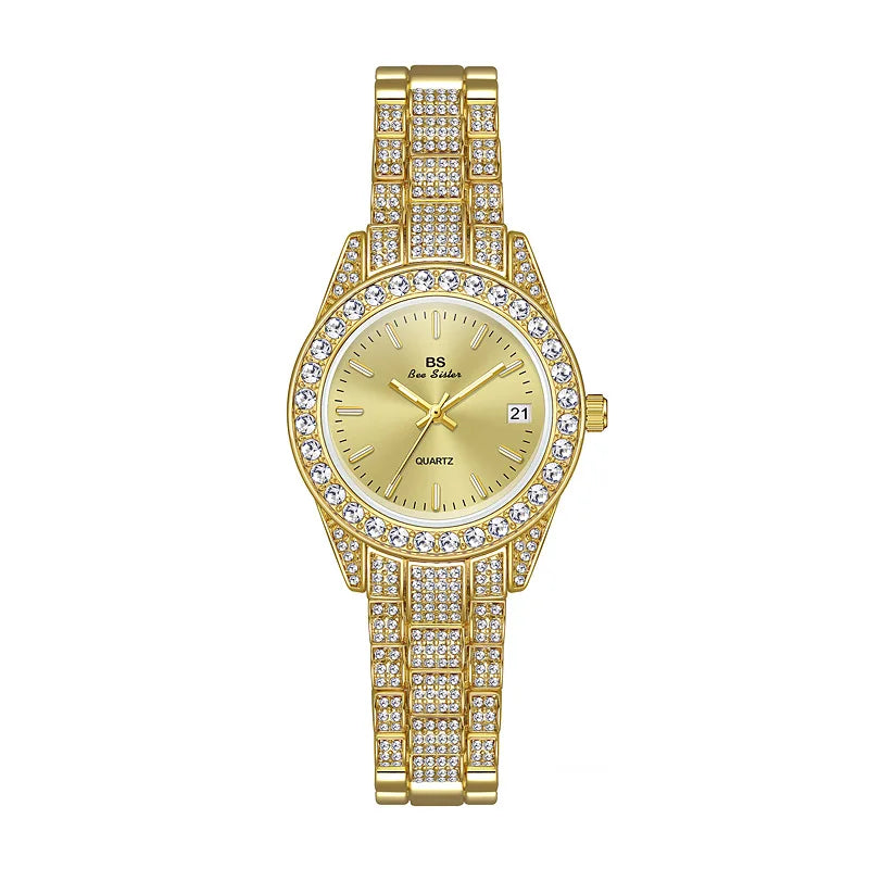 New Fashion Casual Ladies Wristwatch Luxury Crystal Quartz Watches Gold Silver Stainless Steel Band Calendar Watch For Womens