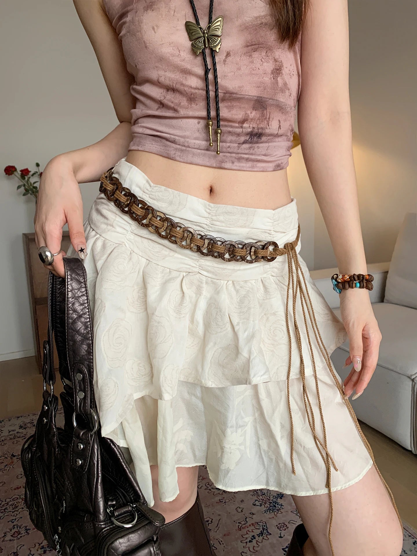 New Ethnic Style Wax Rope Braided Handmade Belt Bohemian Style Waist Chain For Women's Dress Accessory Belt