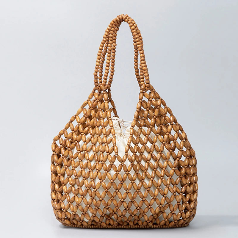 Simple Casual Handwoven Wooden Bead Handheld Women's Shoulder Bags Bucket Bag