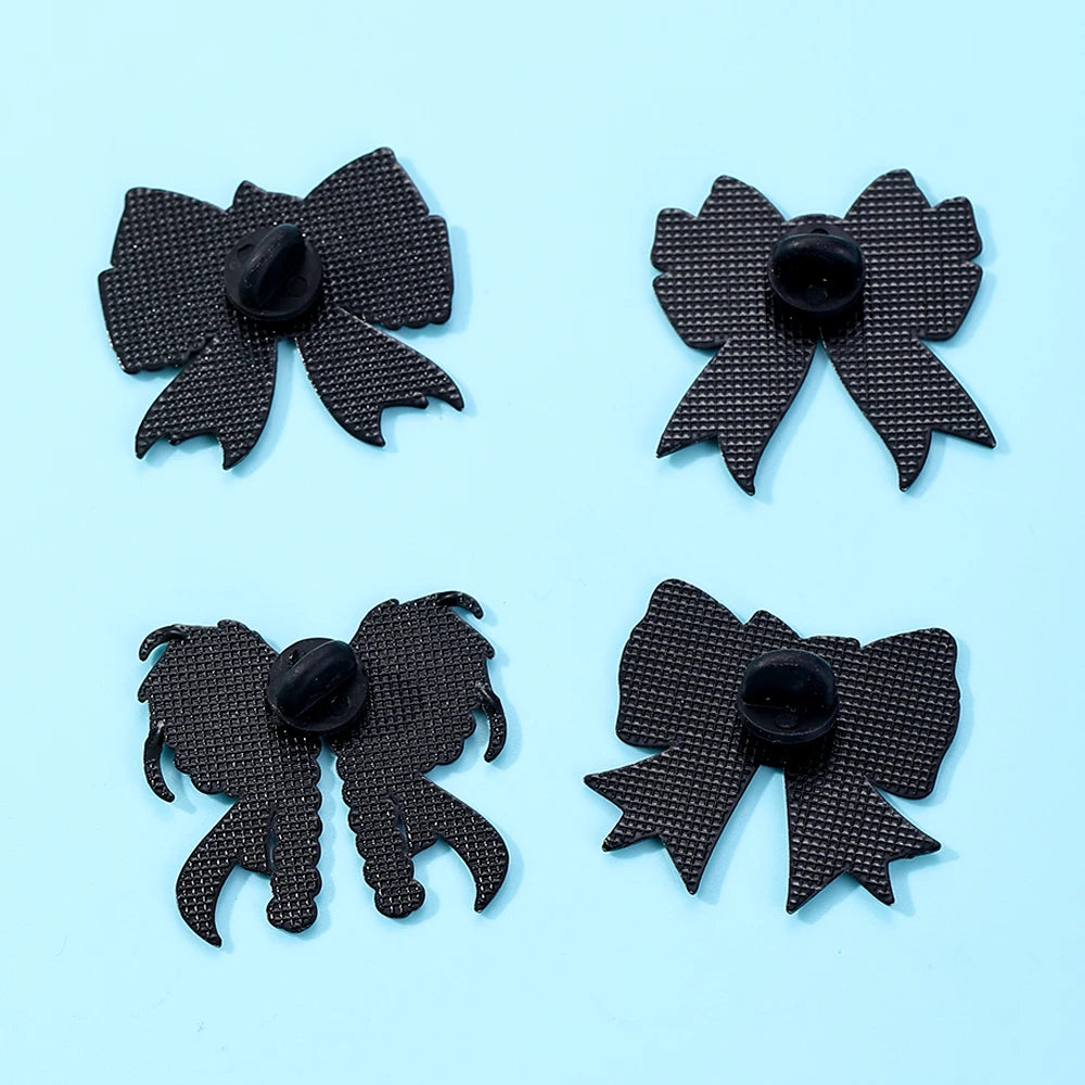 4 Pcs Gothic Skull Bow Enamel Pin Bat Wing Checkered Ribbon Bow Lapel Brooches Punk Dark Skeleton Jewelry for Backpack Jacket De