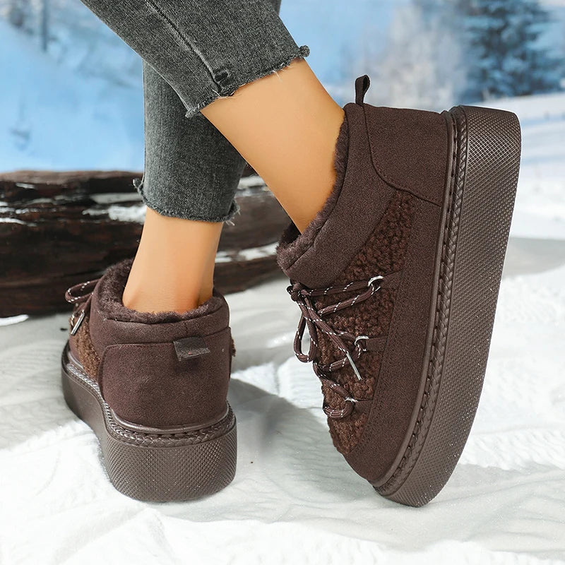 Fashion Lace Up Platform Snow Boots Women 2025 Thicken Plush Warm Winter Boots Woman Thick Sole Non Slip Cotton Padded Shoes