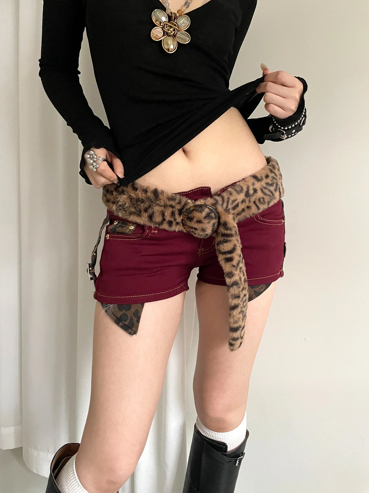 Fringe Design Leopard Print Faux Fur Belt Sexy Autumn And Winter Subculture Fluffy Accessories Post-Apocalyptic Style Belt