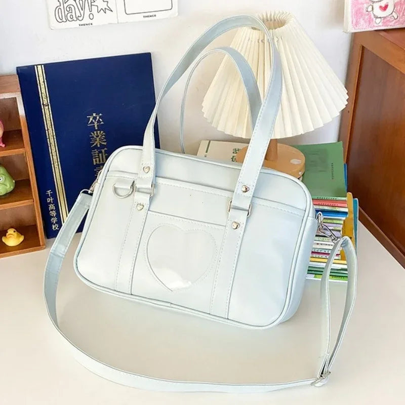 Women Jk School Handbag Large Capacity PU Anime Crossbody Bag Transparent Love Heart Shoulder Uniform Bag for Shopping Commuting