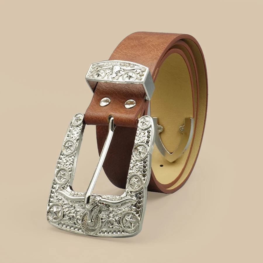 Western Cowboy Street Style Belt - Silver Bullhead Carved Buckle Design for Daily Commute, Office & Casual Wear