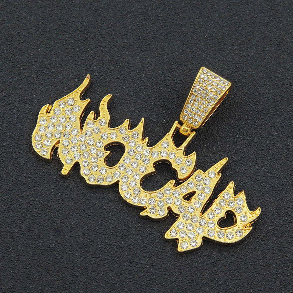 Trendy Hip Hop Iced Out Bling Flame ‘No Cap’ Letters Pendants Necklace With 15mm Cuban Chain Necklaces For Men Charm Jewelry