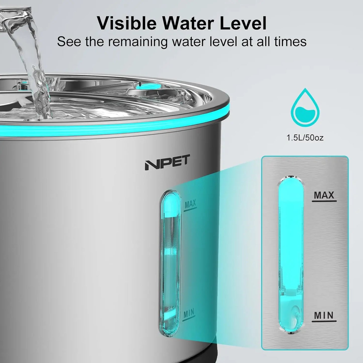 Cat Water Fountain Stainless Steel, 50oz/1.5L Dishwasher Safe Pet Water Fountain