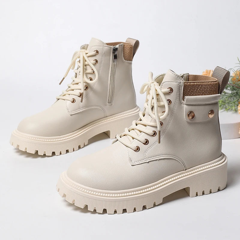Winter Warm Thicken Plush Ankle Boots Women Fashion Lace Up Platform Combat Boots Woman Comfort Zipper Pu Leather Short Booties
