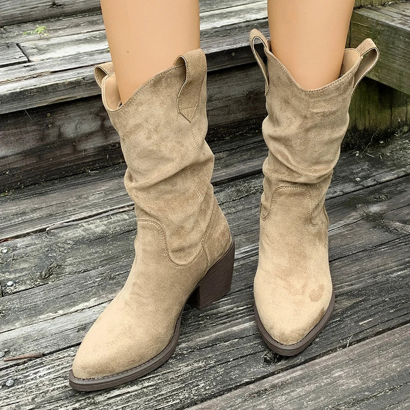 Brown Pointed Toe Thick Heels Western Boots Women Plus Size 43 Slip On Mid Calf Boots Woman Wide Leg Pleated Flock Botas Mujer