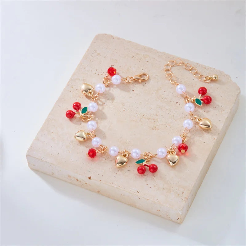 Y2K Sweet Cute Red Strawberry Cherry Pendant Necklace for Women Girls Love Heart Imitation Pearl Chain Choker Fashion Jewelry