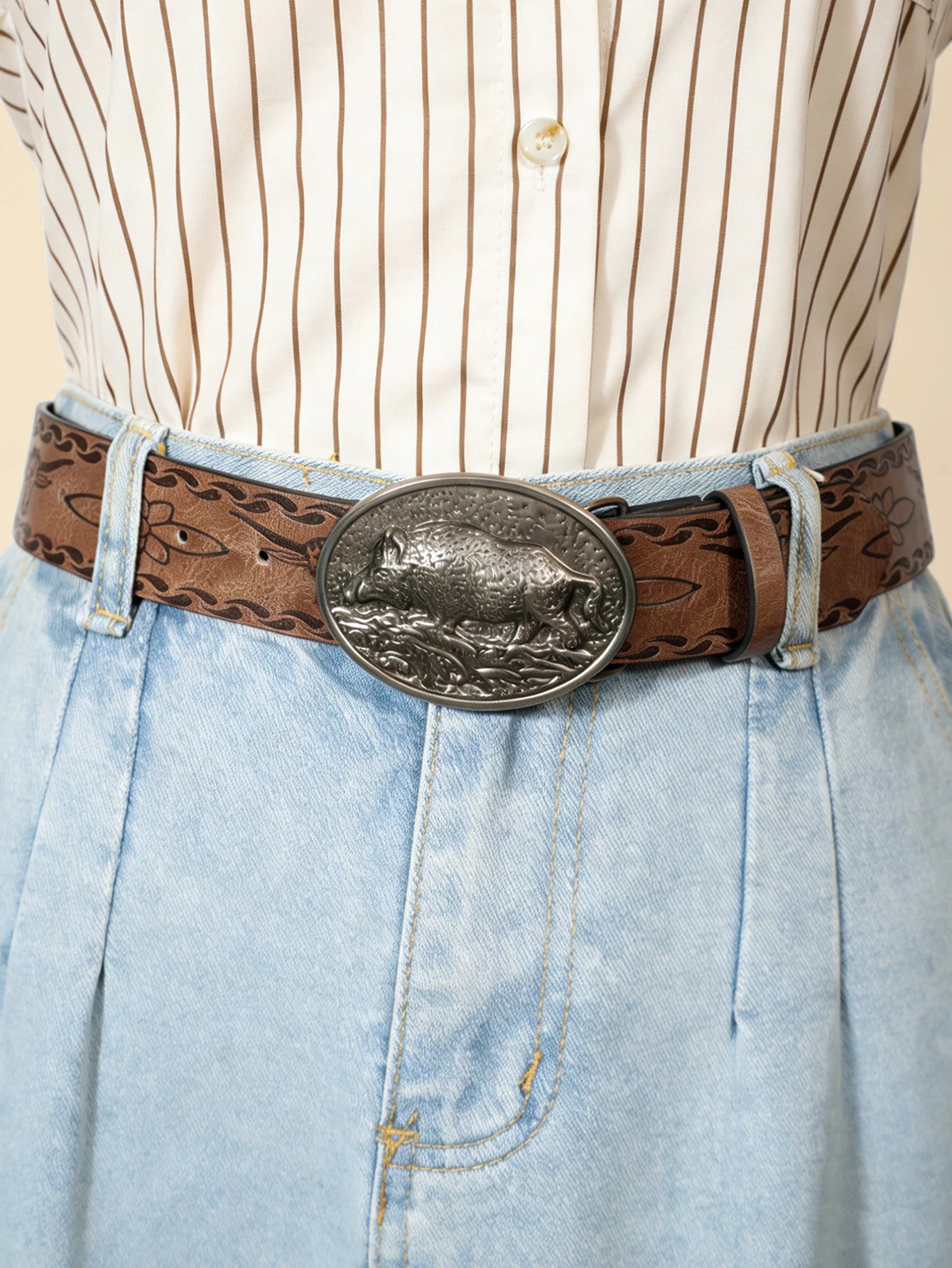 Vintage Western Embossed Belt Unisex Retro Distressed Adjustable Waist Strap for Jeans Dress