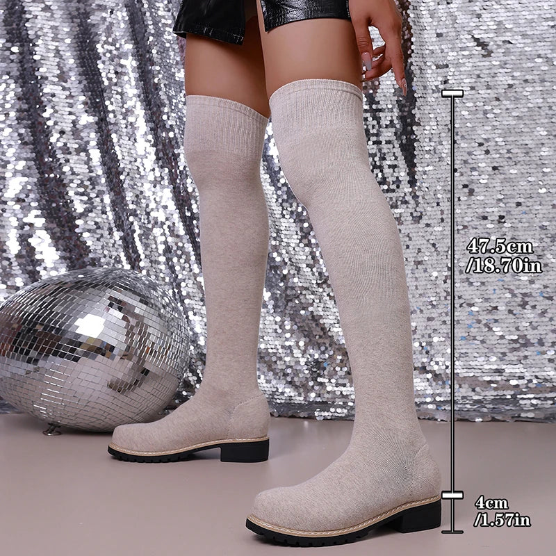 Thick Heel Over The Knee Sock Boots Women Plus Size 35-43 Elastic Knitting Long Boots Woman Comfort Slip On Platform Sock Shoes