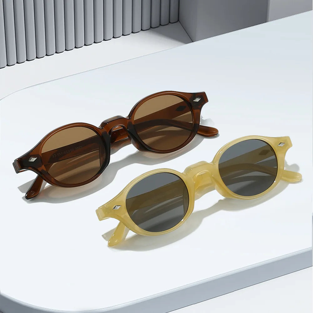 JNPCXI New Fashion Small Oval Women Sunglasses Retro Rivets Men Gray Green Shades UV400 Sun Glasses Trending Punk Sun Glasses