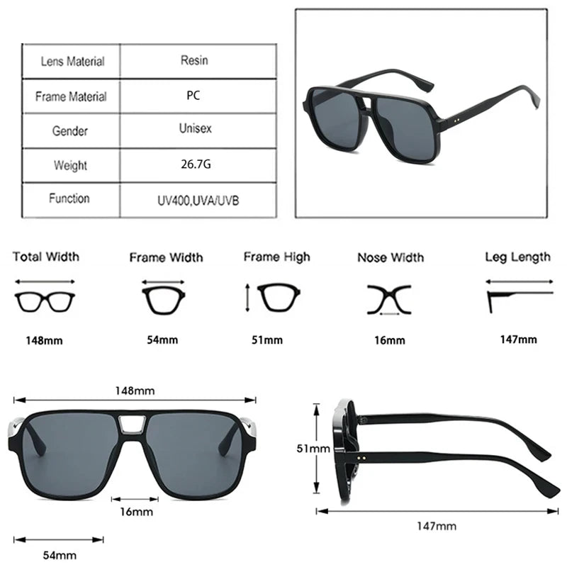 JNPCXI New Double Bridges Square Sunglasses Women Fashion Gradient UV400 Retro Rivets Candy Color Trending Men Sun Glasses