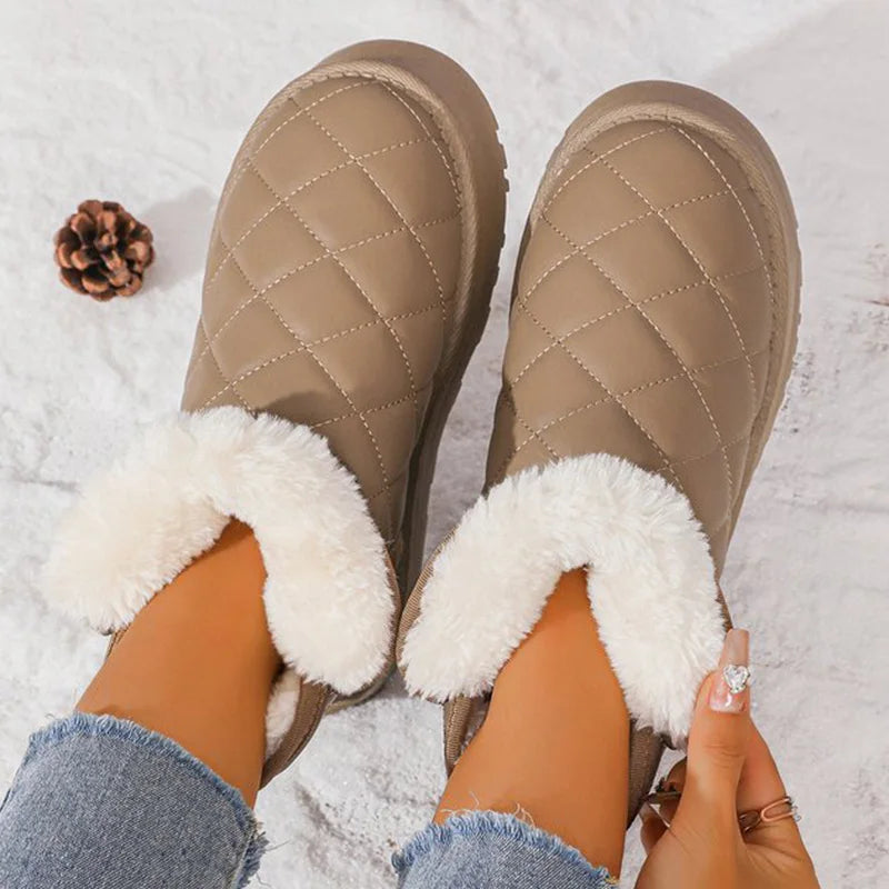 Khaki Platform Snow Boots for Women 2025 Winter New Non Slip Plush Warm Botas for Woman Korean Pu Leather Snow Boots Female
