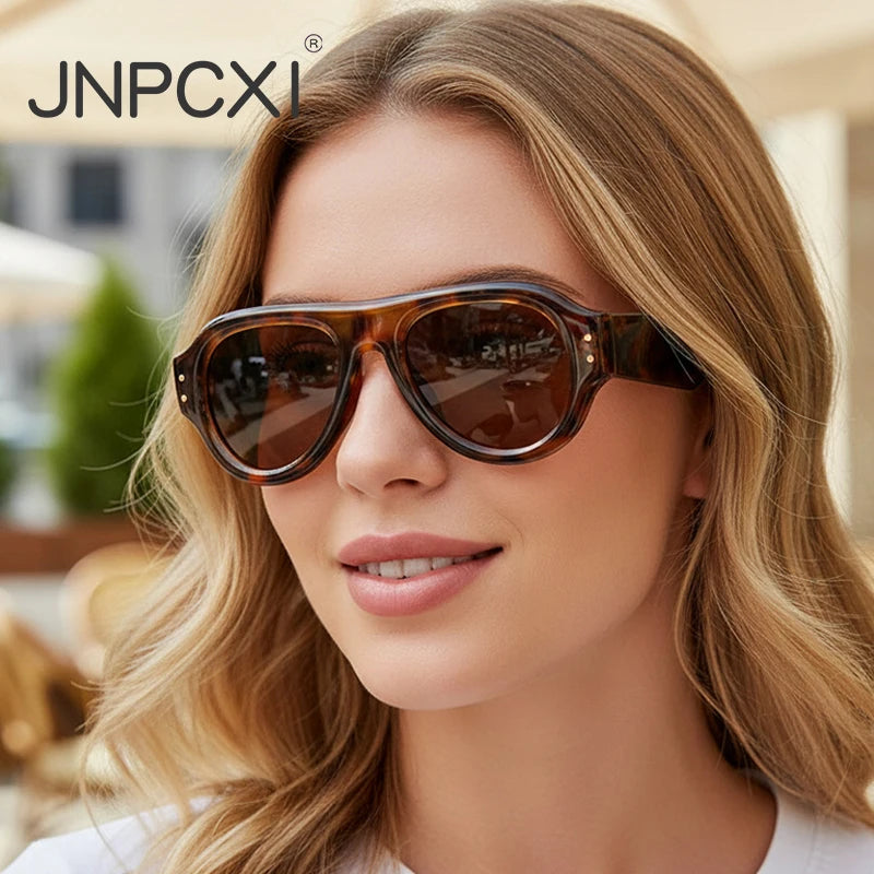 JNPCXI New Pilot Rivets Women Sunglasses Shades UV400 Fashion Leopard Men Wide Legs Oval Punk Outdoor Sun Glasses